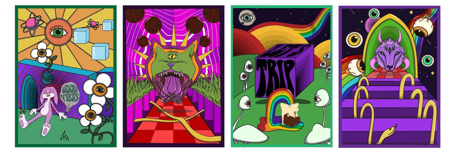 Psychedelic poster bundle featuring vibrant cubes, surreal mushrooms, rainbow details, cosmic themes, warped typography, and colorful retro-inspired dream visuals. vector