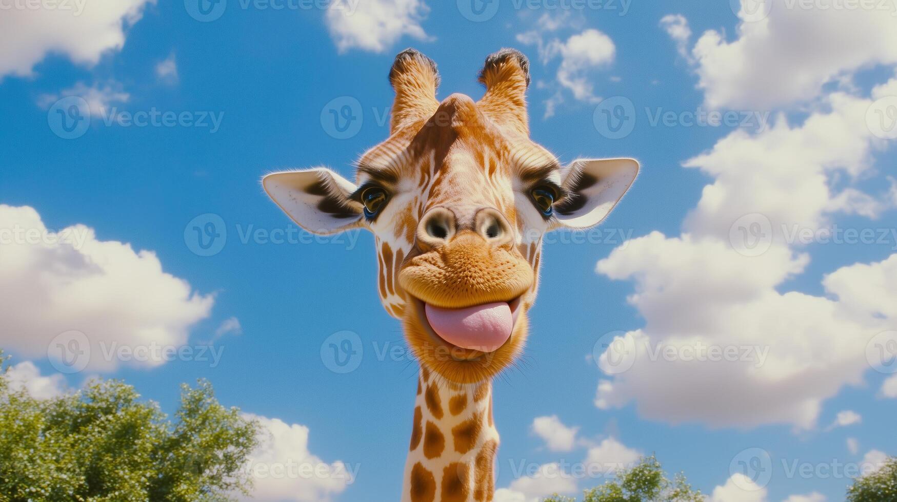 A giraffe sticking its tongue out in front of a blue sky. photo
