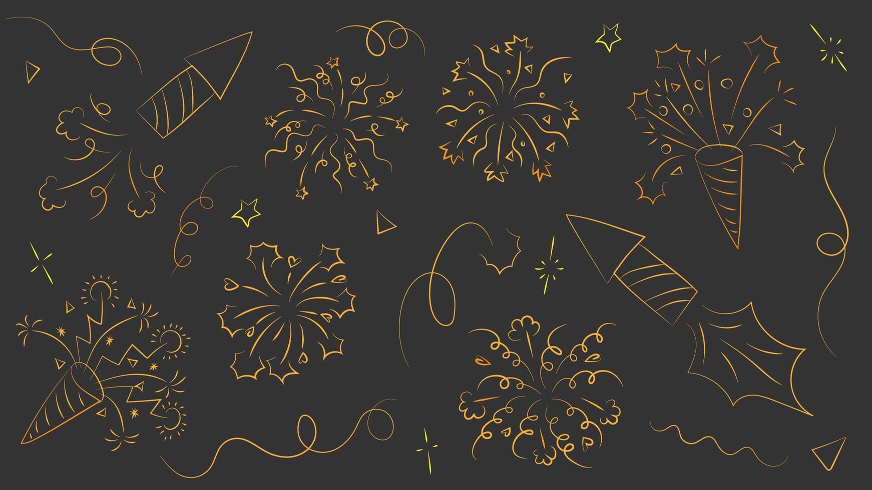 Gold firework and confetti burst background. Line New Year celebrate spark or anniversary graphic. Birthday firecracker explosion and ribbon boom doodle design. Surprise party element set for fun. vector