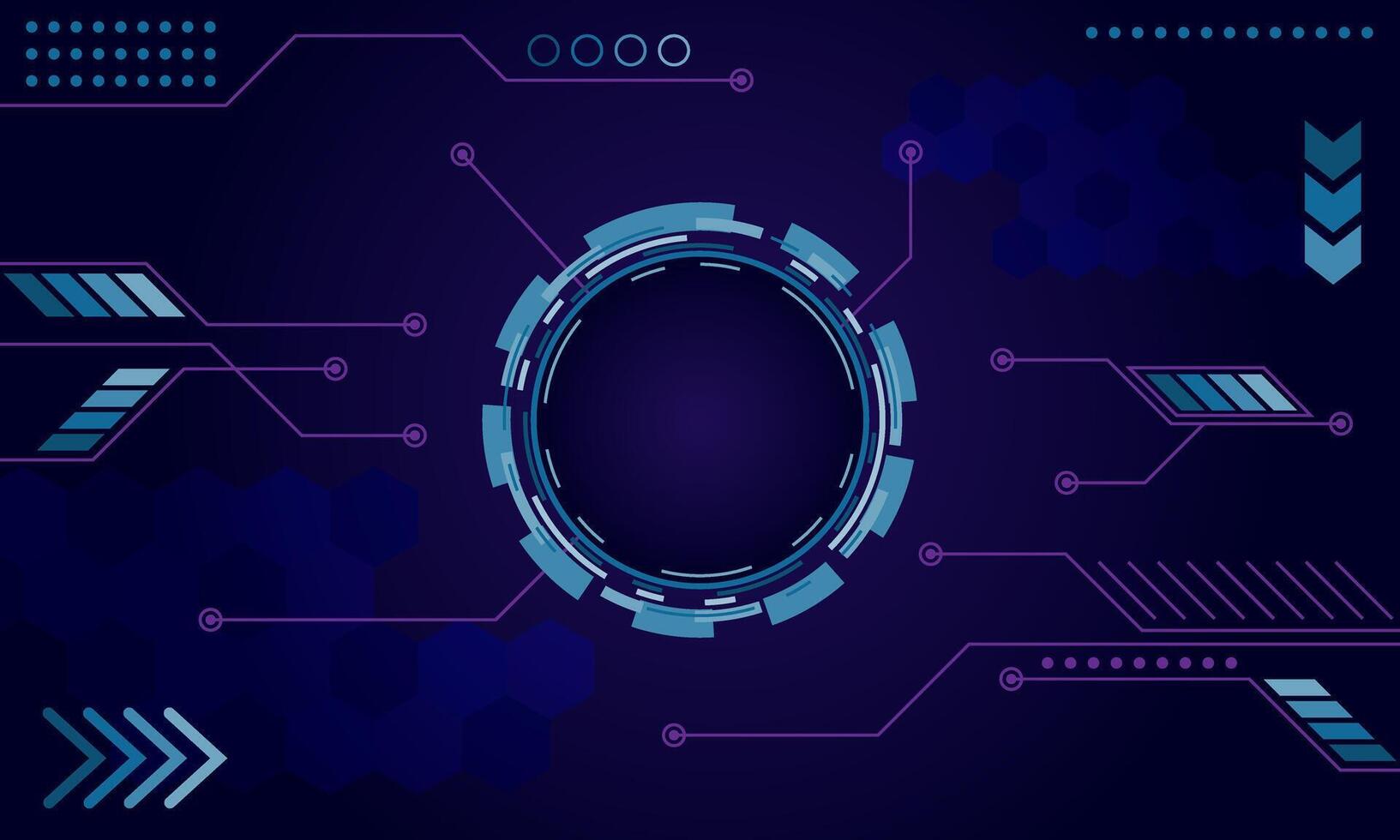 Abstract circuit board and hexagons on dark blue background with connecting dots and lines. Connection structure. High tech technology geometric and connection system background. vector