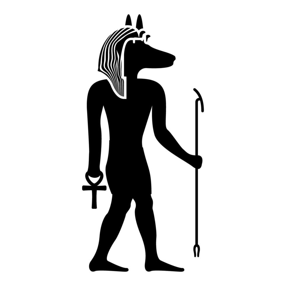 Anubis deity with jackal head ancient Egyptian god holds staff and anch cross silhouette mythical vector