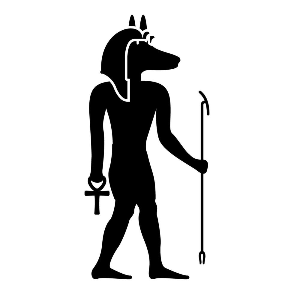 Anubis deity with jackal head ancient Egyptian god holds staff and anch cross silhouette mythical black vector