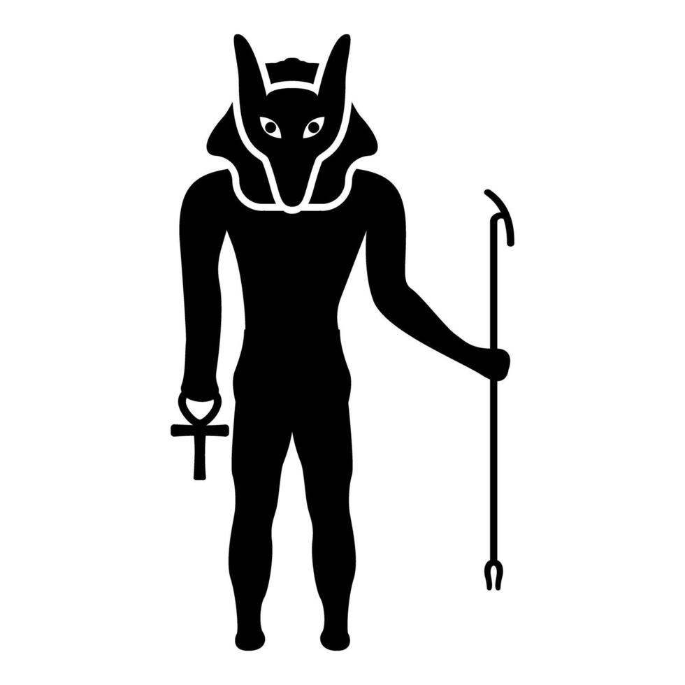 Anubis deity with jackal head ancient Egyptian god holds staff and anch cross silhouette mythical icon black vector