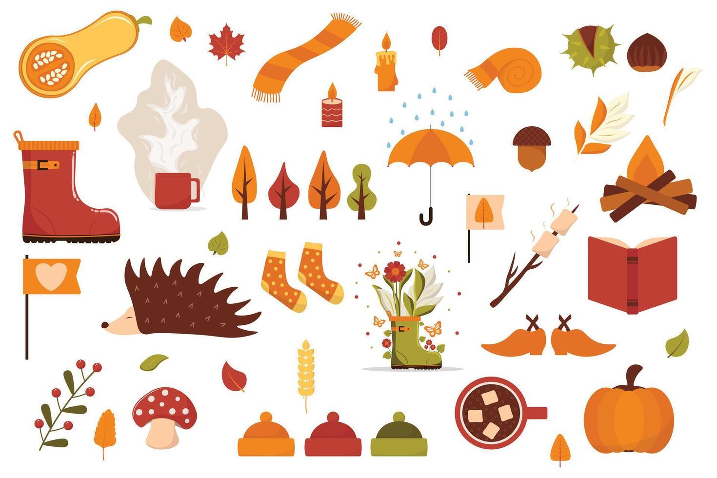 Set of Autumn Cozy Fall Season Elements Collection with Nature Objects and Leaves vector