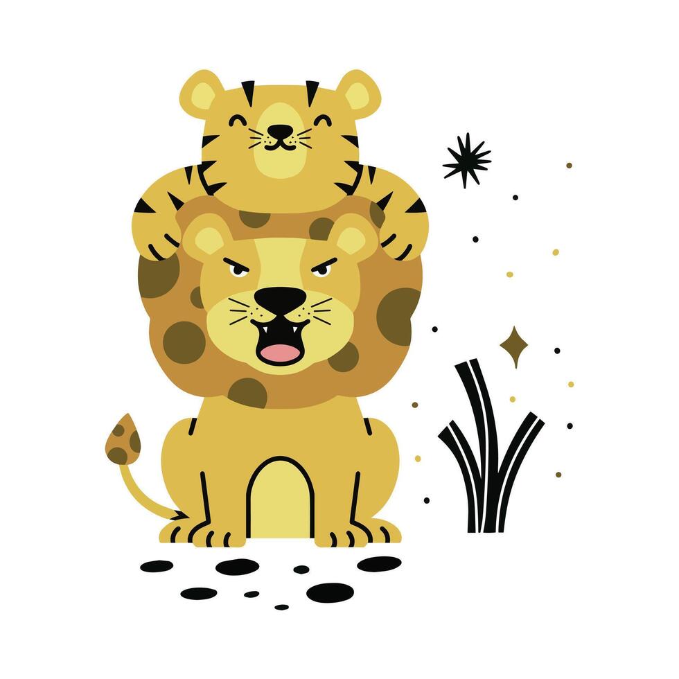 Cute tiger and lion illustration vector
