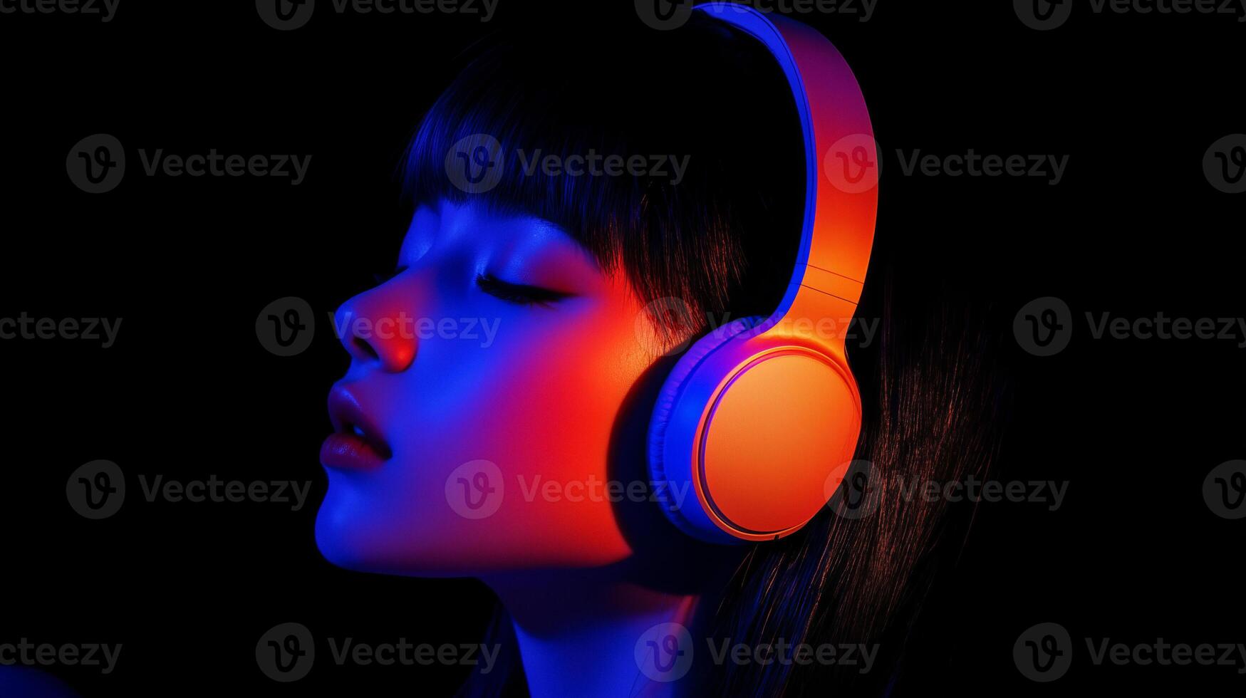 A close-up portrait of a girl wearing headphones photo