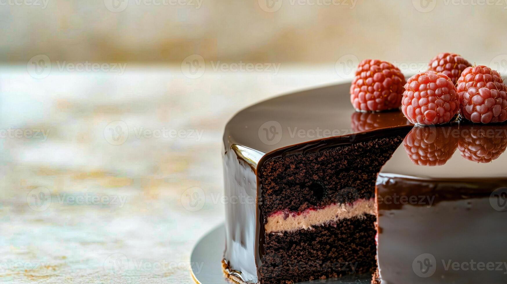 A chocolate cake with raspberries on top photo
