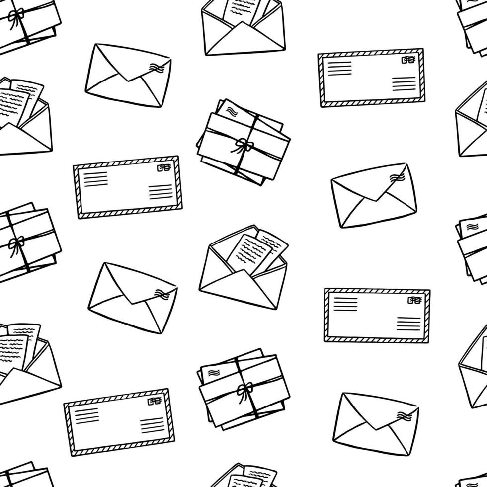Letters and envelopes seamless pattern. Post background, open envelope with letter. Closed envelopes outline sketch. Hand drawn doodle letters. Retro post office backdrop vector