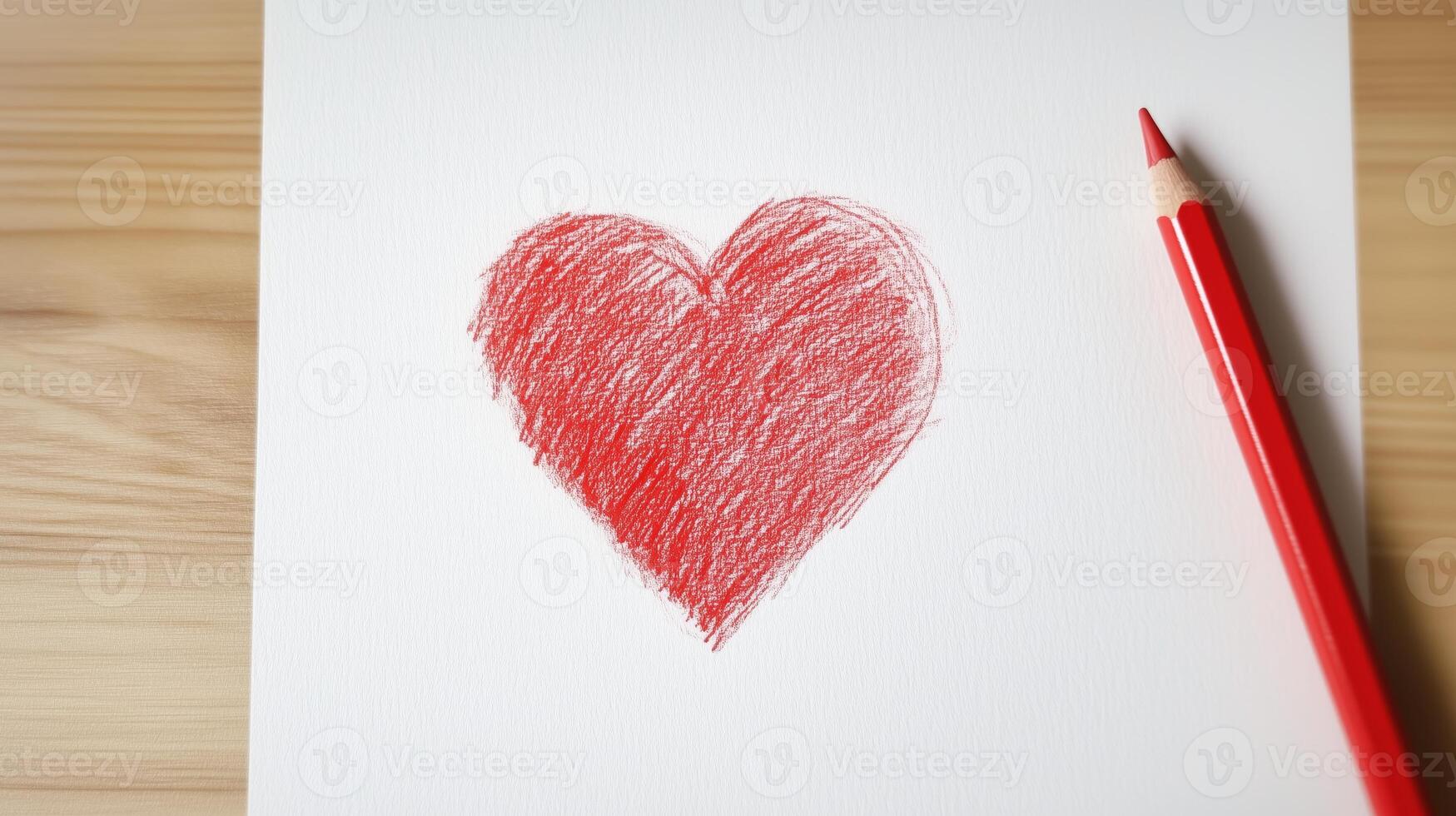 A red pencil is next to a red heart drawn on a piece of paper photo