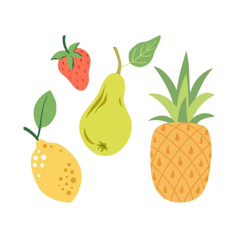 Summer fruits simple illustration. Pineapple, pear, strawberry, and lemon fruits. Vegan natural, organic plant food for menu, card, poster, banner, package. Flat illustration set. vector