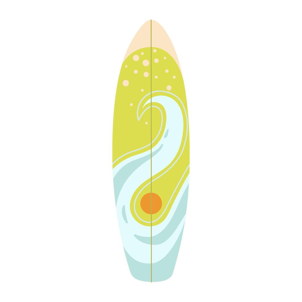 Surfboard with print in colorful tropical style. Bright surfboard with a sea wave and sun. Flat retro summer design for print, card, banner, sports themes, stickers, social media. Flat illustration. vector