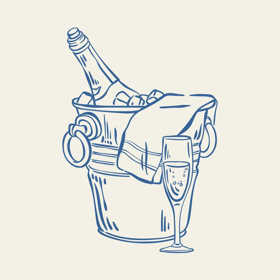 Champagne bottle in ice bucket hand drawn ink sketch. Cold sparkling alcoholic beverage in a metal pail. Whimsical luxury line art illustration of champagne in the bucket. Vintage illustration. vector
