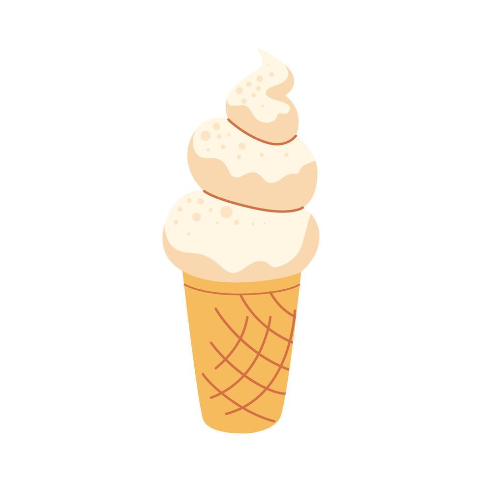 Sundae ice cream on waffle cup. Vanile desserts, sweet gelato, summer food. Flat cartoon illustration isolated on white background. vector