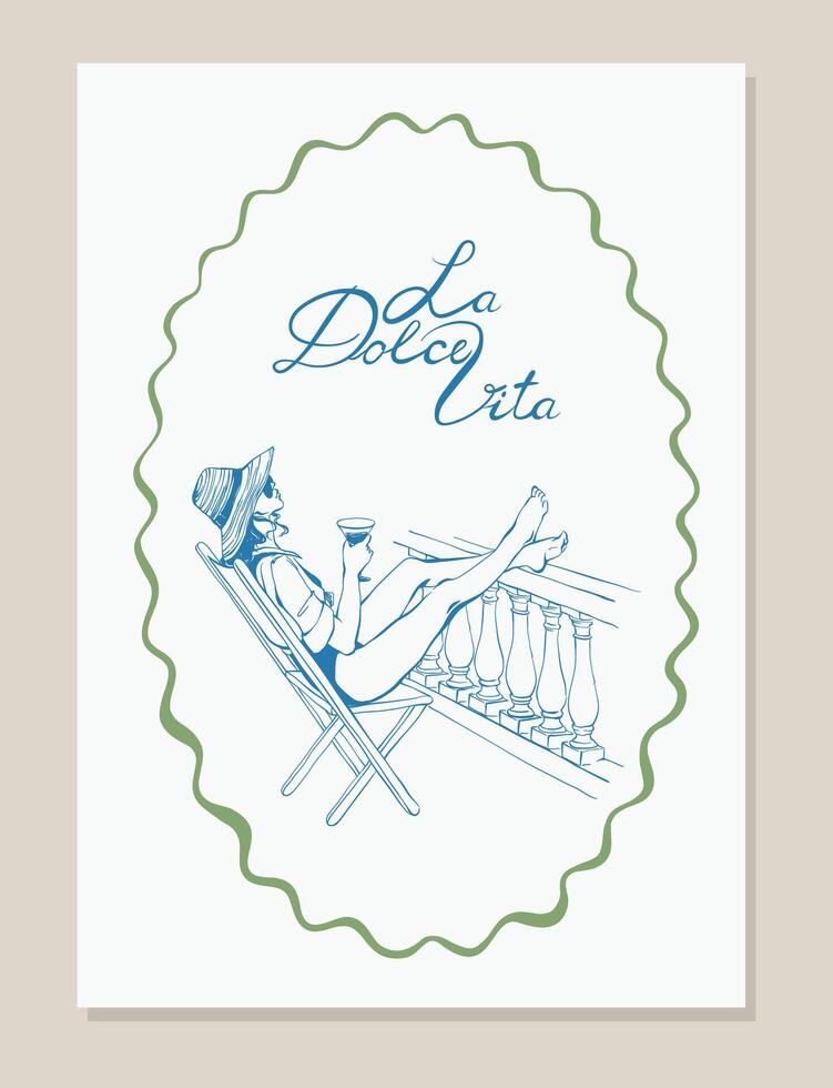 La dolce vita hand drawn card, poster with woman and wine in whimsical Mediterranean style. Coastal Italian summer vacation illustration of sunbathing girl for postcard, print, stamp, party invitation vector