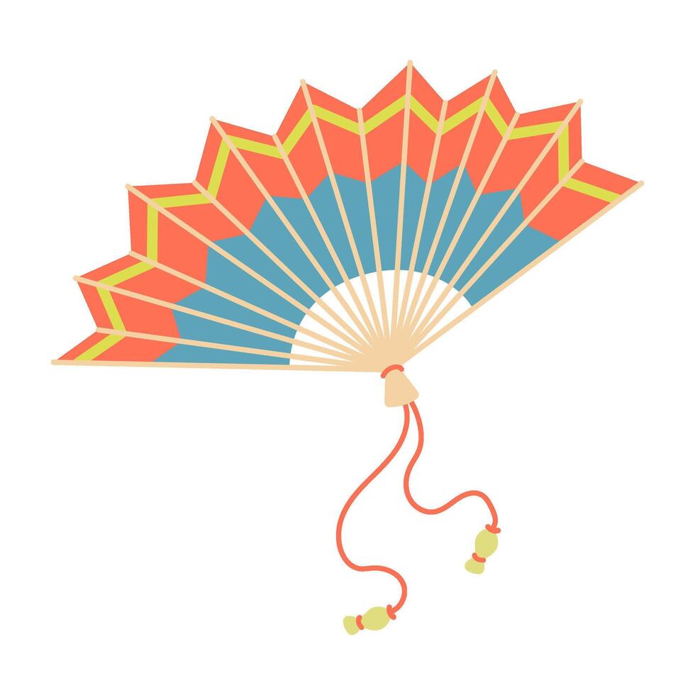 Folding hand fan illustration. Traditional asian fan. Colorful flat, cartoon fan. vector