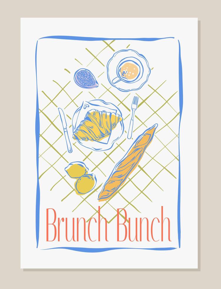 Brunch or breakfast in la dolce vita abstract trendy style poster with coffee, croissant, baguette. Breakfast club. Minimalist line art illustration ink drawing sketch for card, invitation, print. vector