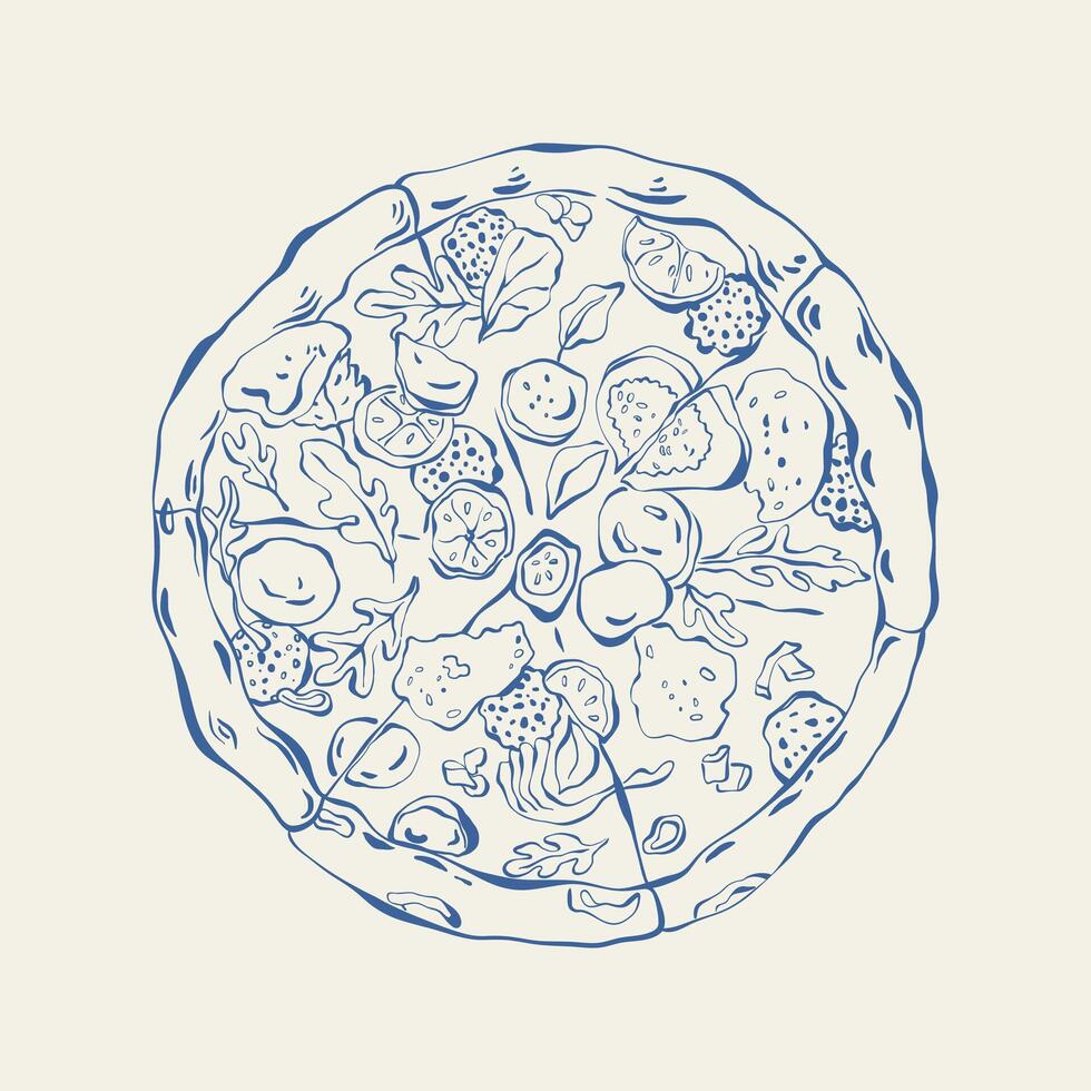 Pizza hand drawn ink sketch. Whole round Italian pizza in whimsical style. Italian food illustration for menu design, card, packaging, banner, poster. Food illustration. vector