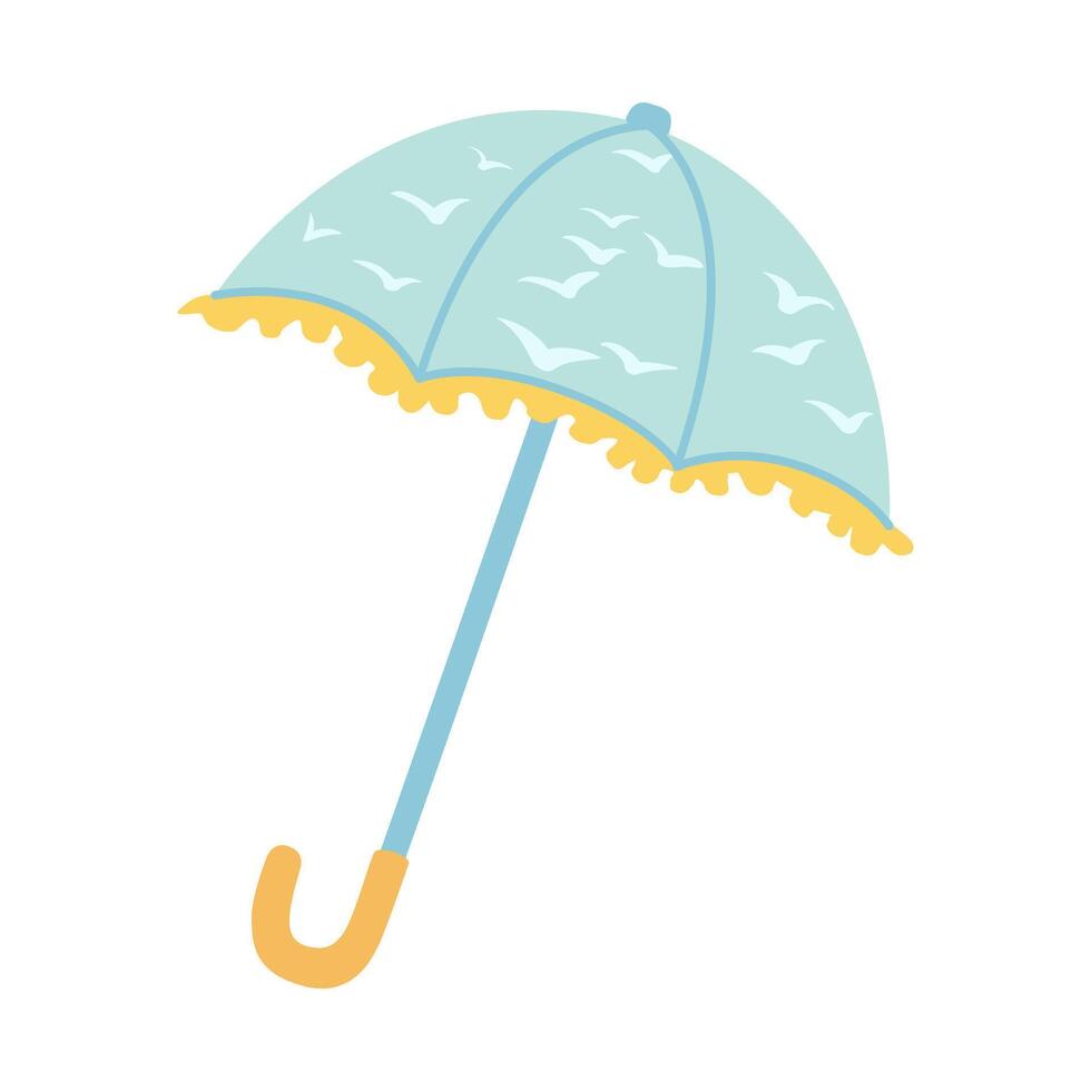 Open umbrella for rain protection, or summer sun protection. Blue umbrella with seagulls cartoon illustration isolated on white background. vector