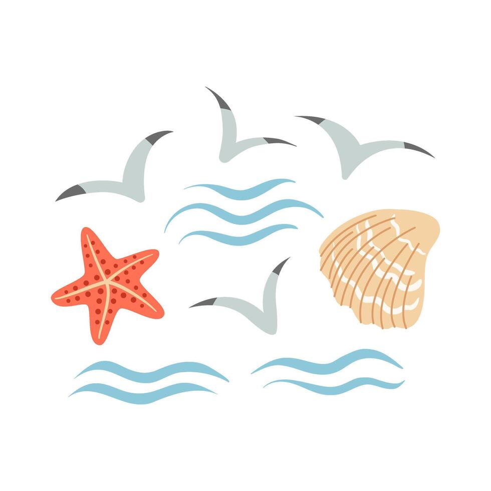Sea elements. Simple illustration of seagulls, waves, starfish, and seashell. Marine elements set for summer, beach, vacation, cards, posters, banners, pattern designs. vector