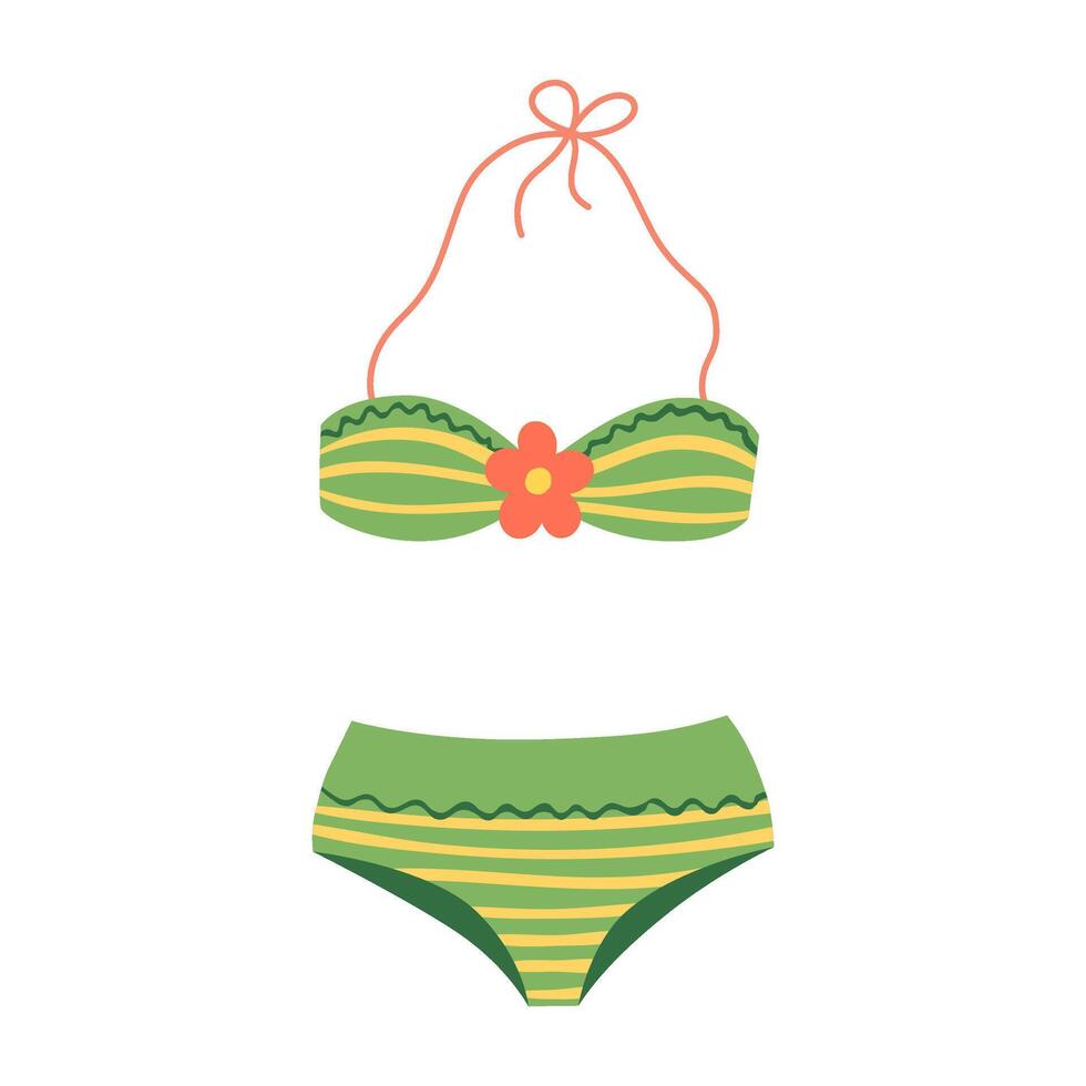 Striped swimsuit. Striped yellow green women's swimsuit. Summer female beachwear for vacation, sea, resort, pool. Summer holidays ladies clothes. Flat cartoon illustration. vector