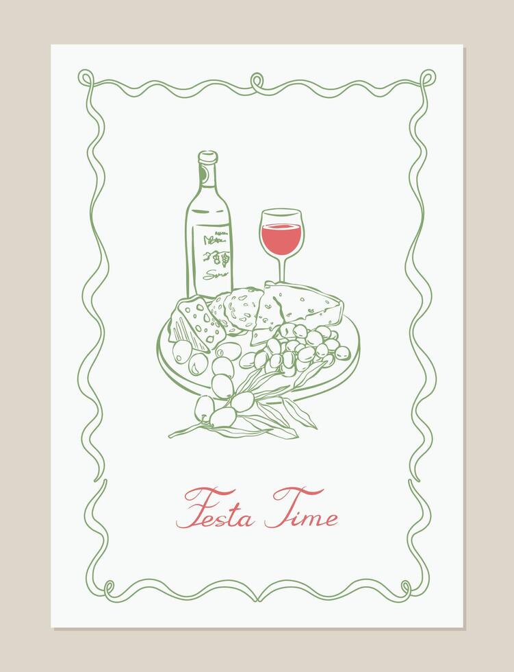 Hand drawn festa time poster. La dolce vita vintage card with wine, cheese, and grapes. Whimsical Italian food and drink sketch for wedding invitation, save the date, card, poster, postcard, menu. vector