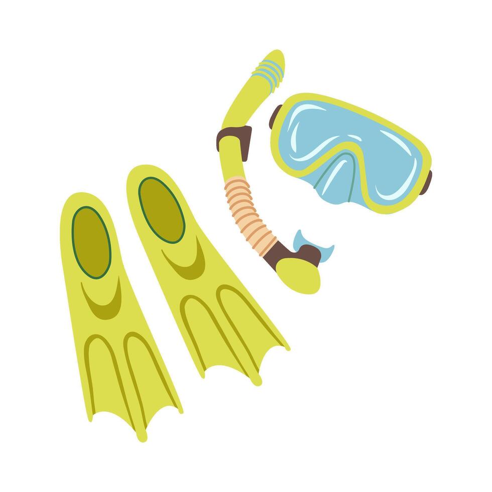 Snorkeling gear with fins, mask, snorkel. Diving underwater glasses mask with tube for breathing, flippers. Summer activity equipment. Illustration for beach activities, travel print, stickers. vector