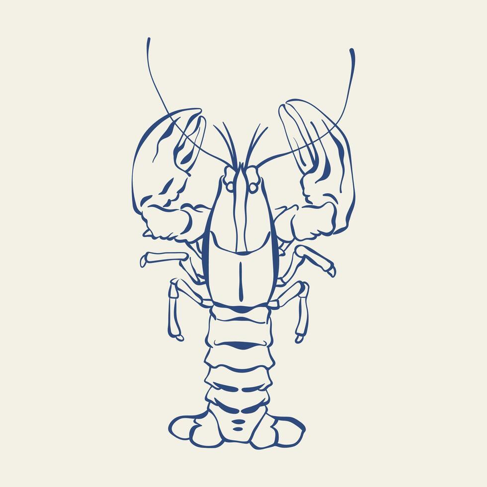 Lobster hand drawn ink sketch. Minimalist lobster or crayfish illustration. Seafood line art for restaurant menu design, poster, postcards, card, fish market, banner, background. vector