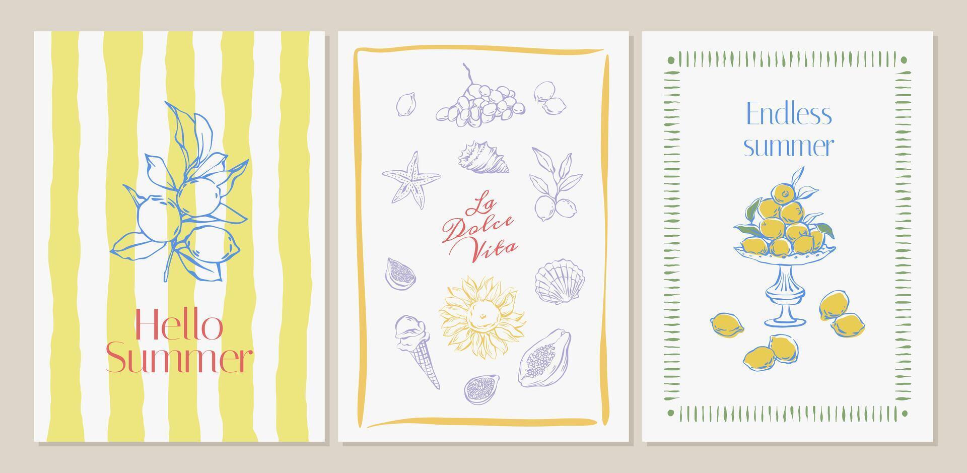 Italian summer posters with hand drawn coastal elements doodles. Mediterranean vintage summer cards with lemons, grapes, sunflowers, sea shells, in la dolce vita style. For posters, postcard, banners. vector