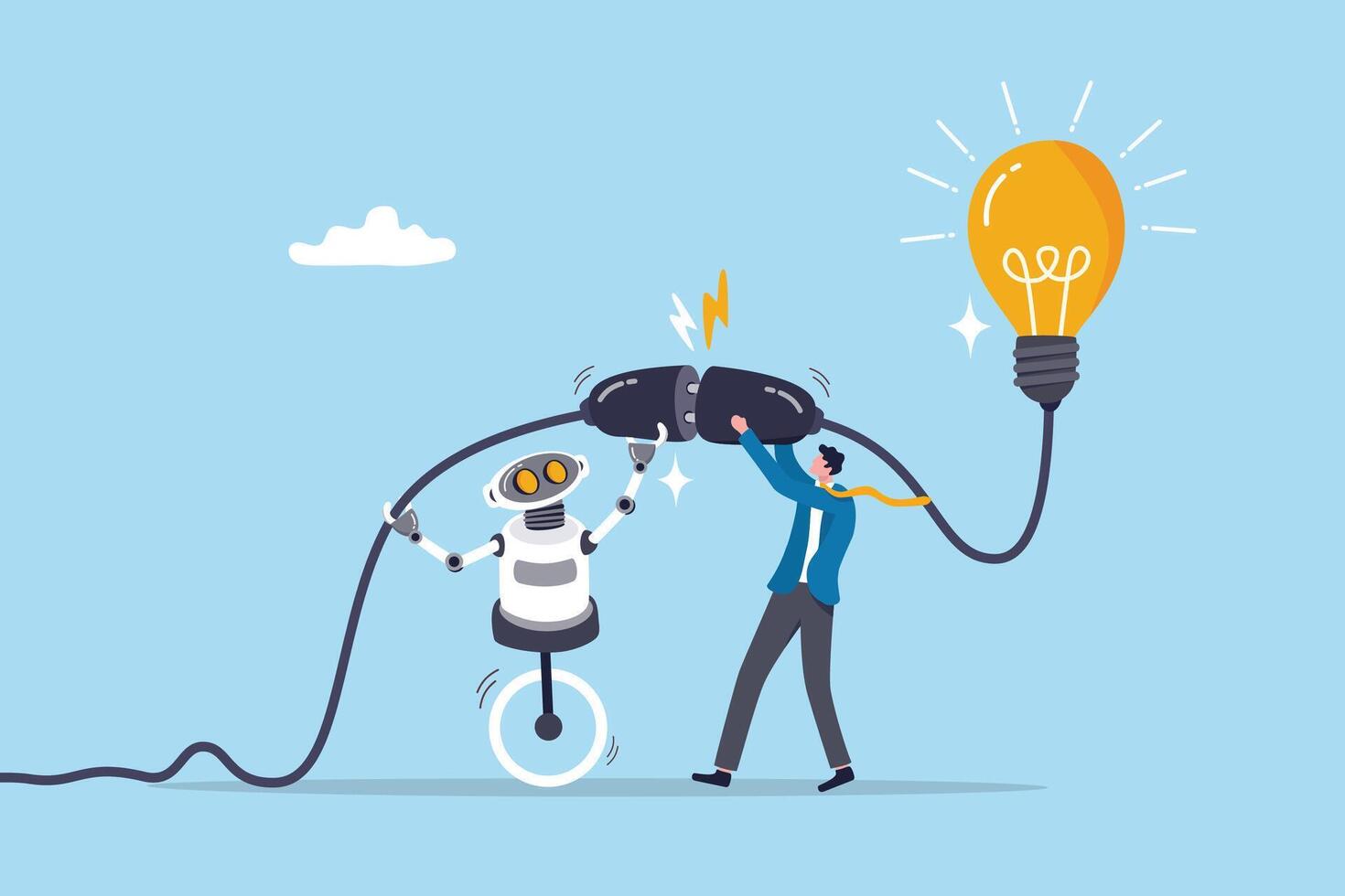 AI Artificial Intelligence support to business success, innovation or technology to get new idea, robot or automation for business concept, businessman plug in lightbulb with robot to work together. vector