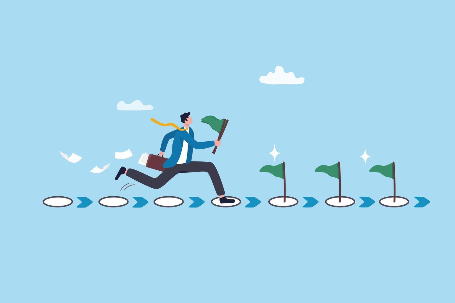Milestone or roadmap achievement, business success journey, progress to reach goal, motivation to accomplishment, aspiration concept, businessman run to grab completed milestone success flag. vector