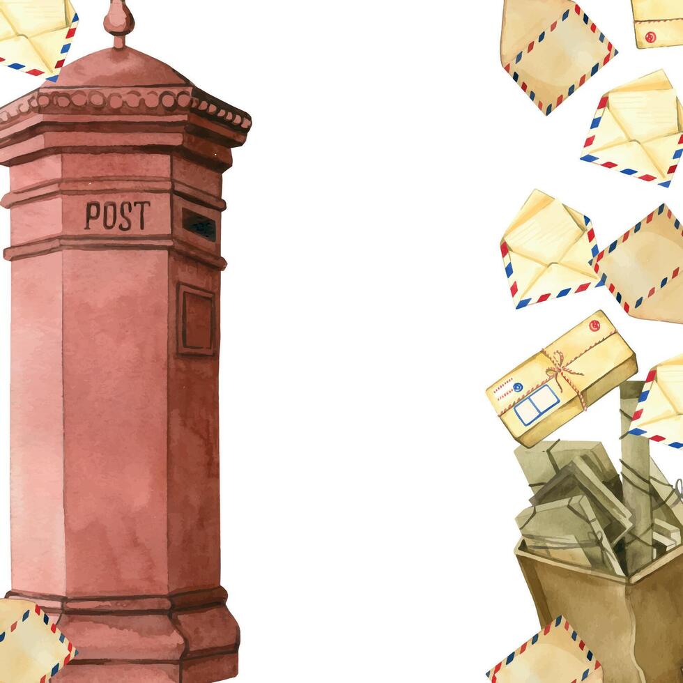 composition on the theme of mail and sending letters, a post pole, a postman's bag with letters, envelopes. All objects are hand-painted with watercolors. For printing on postcards for Post Day vector