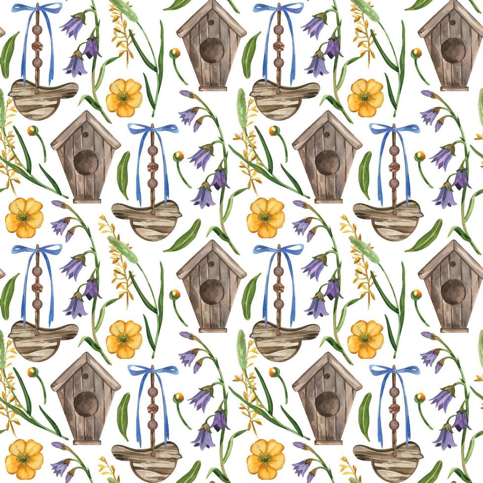 Seamless pattern. Birdhouse, bird pendant, meadow flowers and herbs of different colors, bell, buttercups, all objects are hand-drawn with watercolor. For printing on fabric, paper vector
