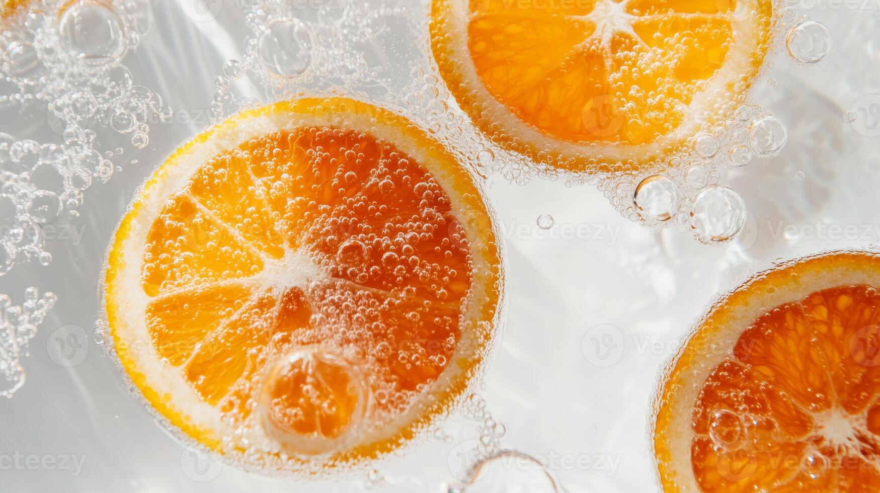 Orange slices in water with bubbles on white background photo