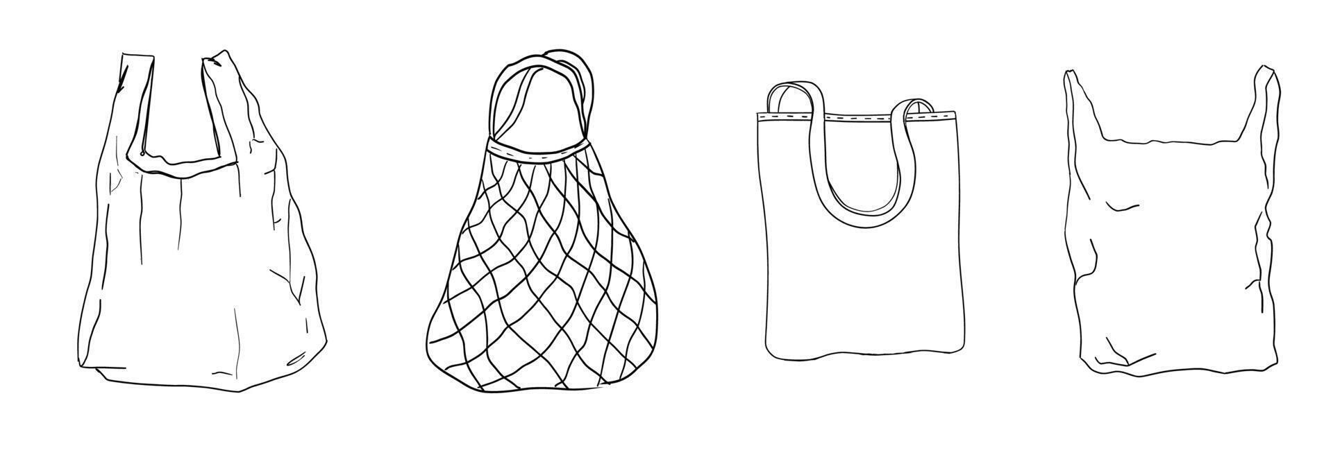 Shopping basket, bag, net shopper supermarket eco casual simple line. Craft bag, plastic bag recycle trade icon set, hand drawn sketch grocery shopping. vector