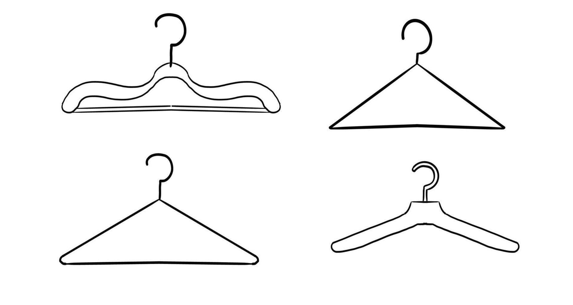 Hanger icon set, cloakroom, wardrobe cloth hook, doodle hand drawn hang. Simple line silhouette. Casual store equipment, clothing accessory vector