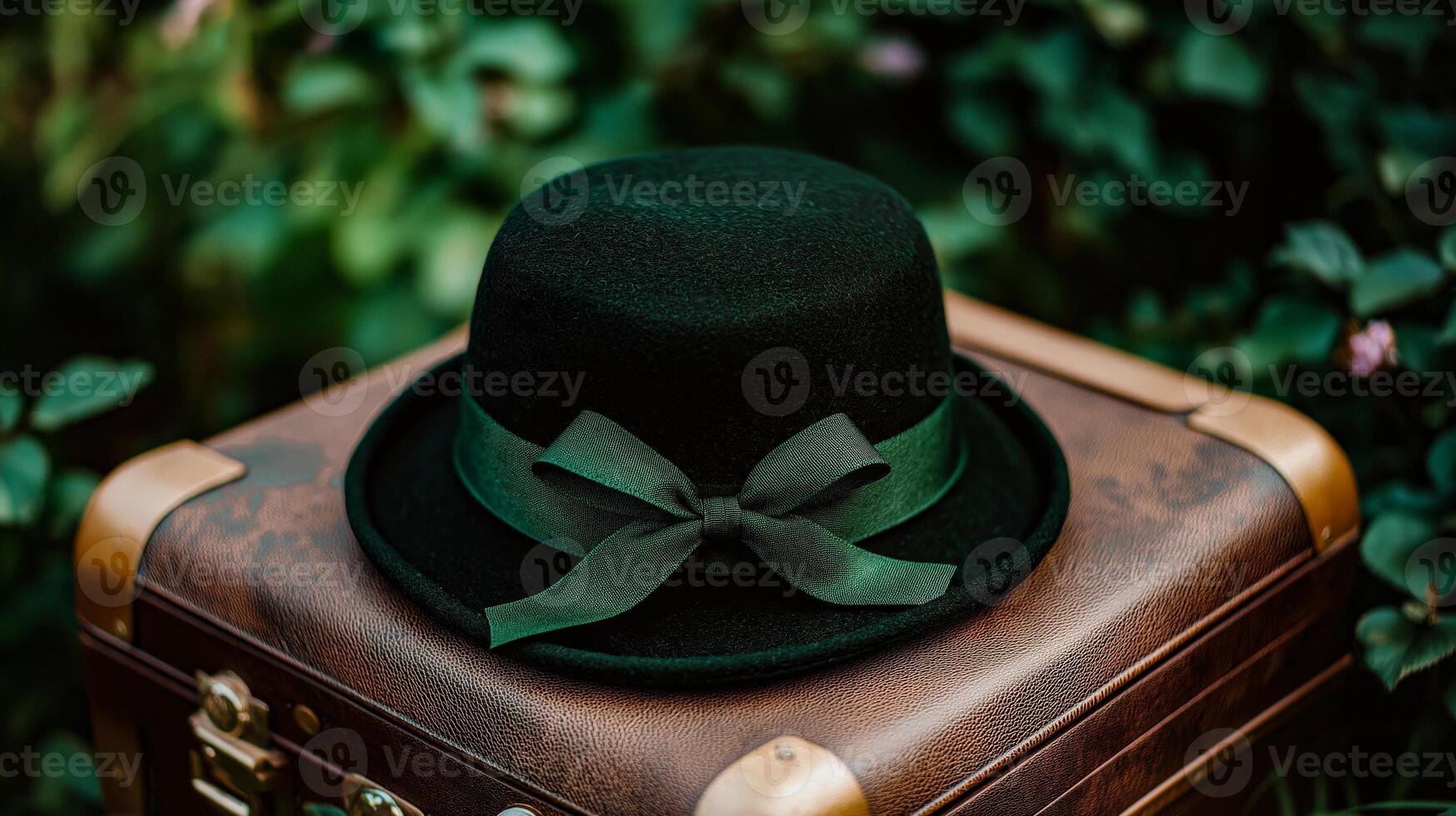 Hat with green ribbon on retro suitcases in the garden photo