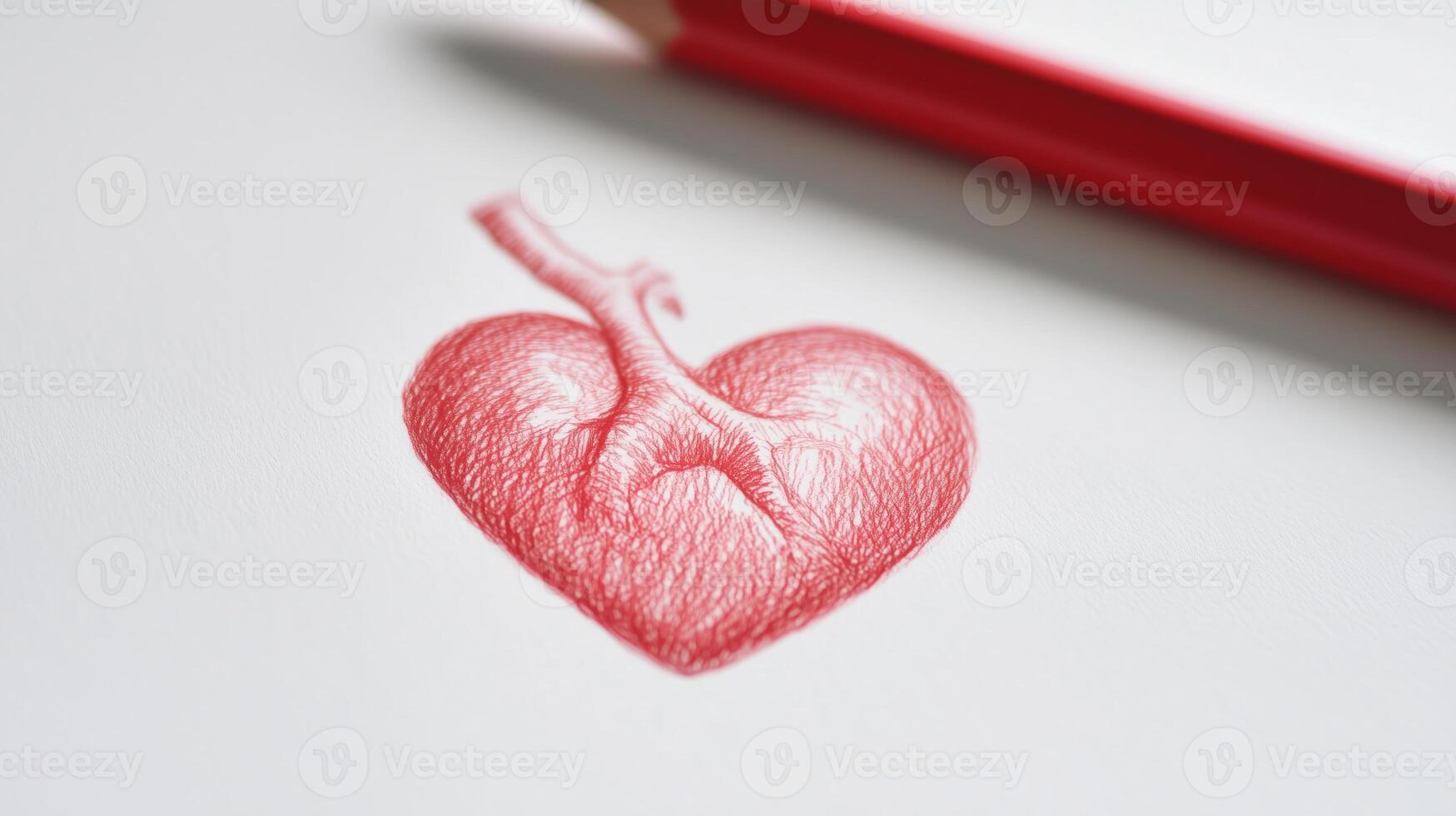 A red pencil is next to a drawing of a heart photo
