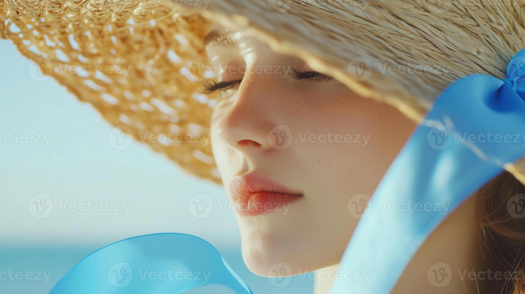 A woman wearing a straw hat and blue ribbon photo