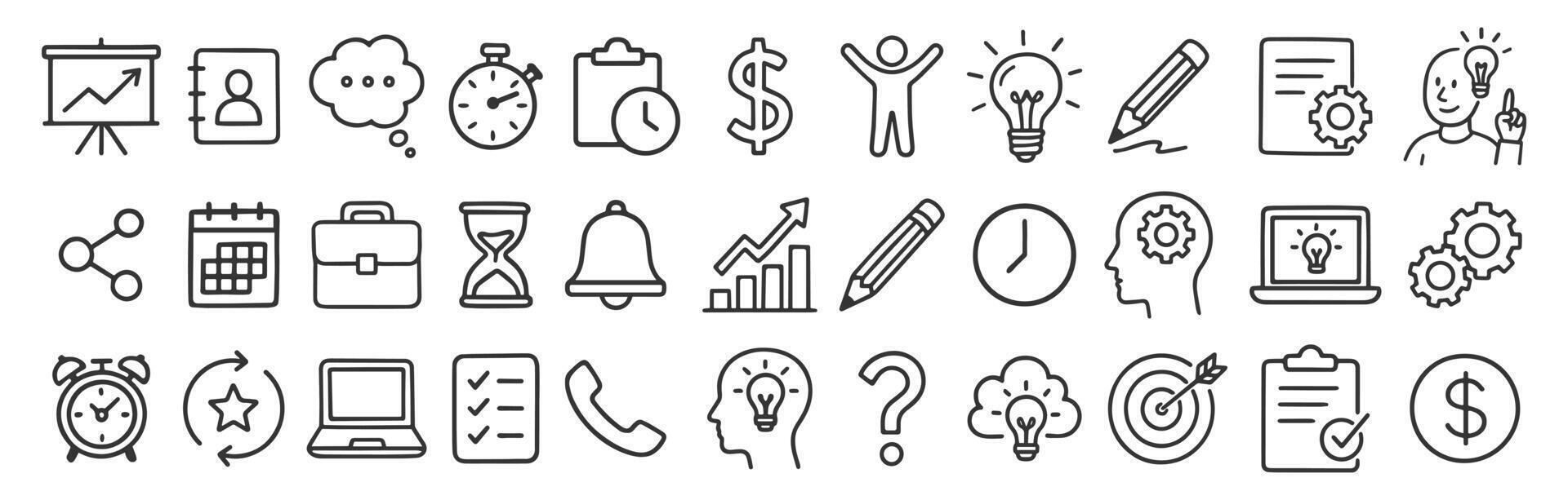 Business idea and time management hand drawn style icon symbol set. Marketing work line Drawing icons collection. line art Logo pack. illustration image. Isolated on white background vector