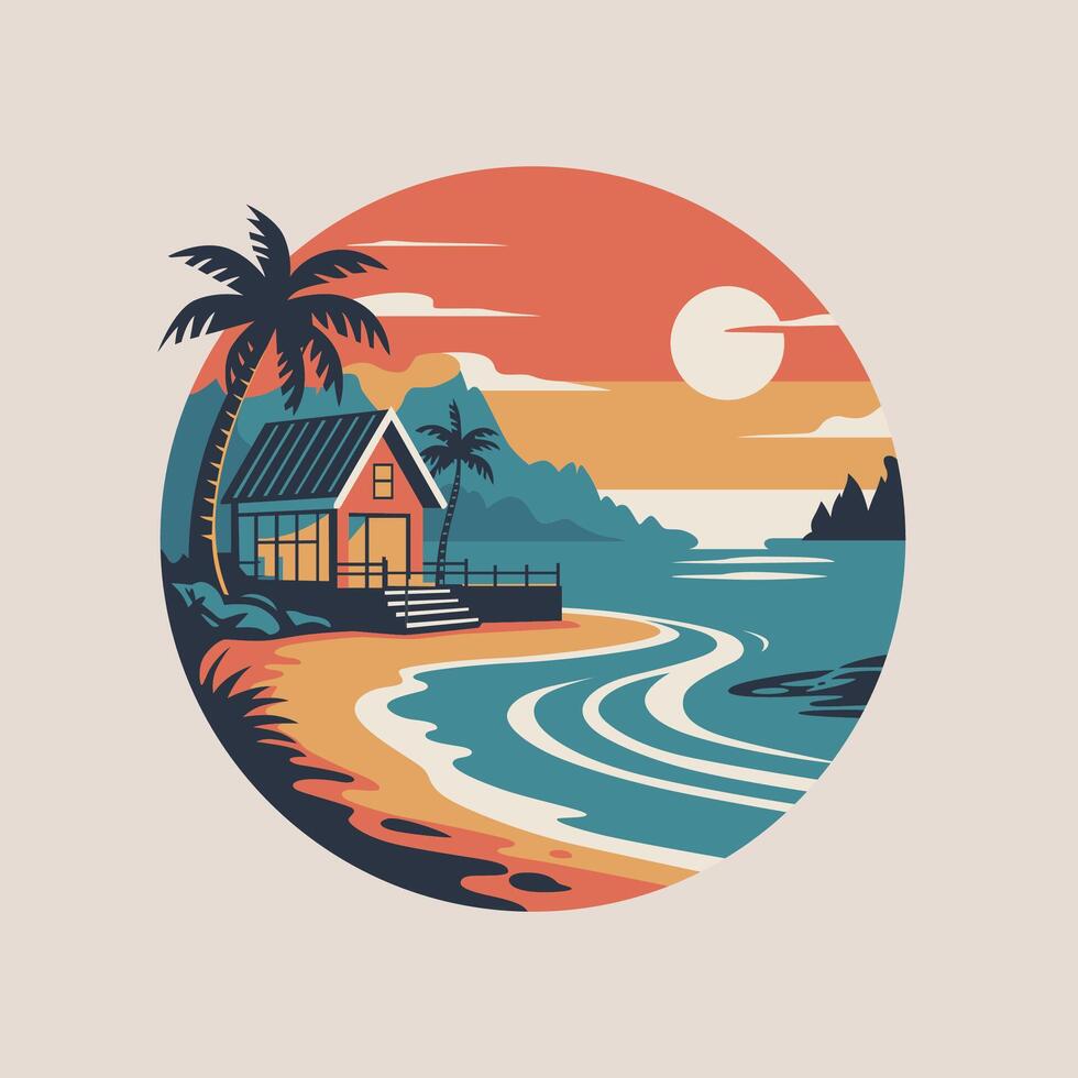 Tropical beach house at sunset with palm trees and ocean waves vector