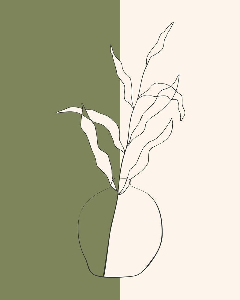 Minimalism linear art. Wall decor vase with branch with leaves, dualism, boho style, two halves, green and beige colors. Interior design. vector