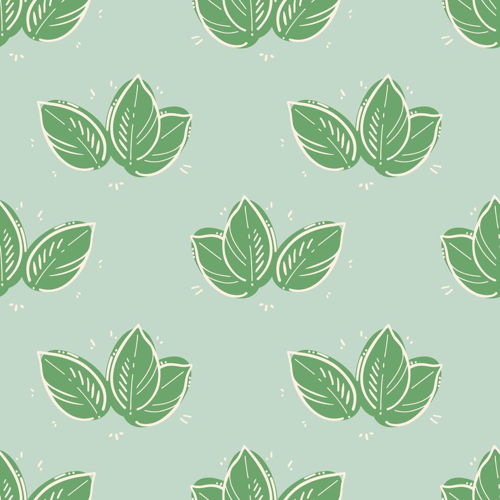 Pattern mint leaves doodle, contour drawing on background of green spots, on mint background. vector