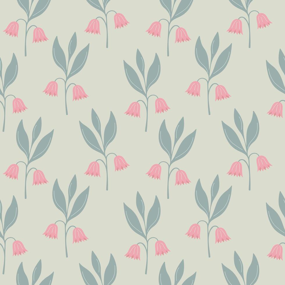 Floral pattern with pink bellflowers, on soft light background. vector