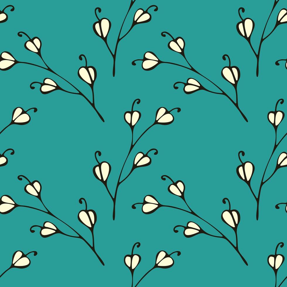 Drawn doodle branches with flowers in shape of heart, bright blue pattern. vector