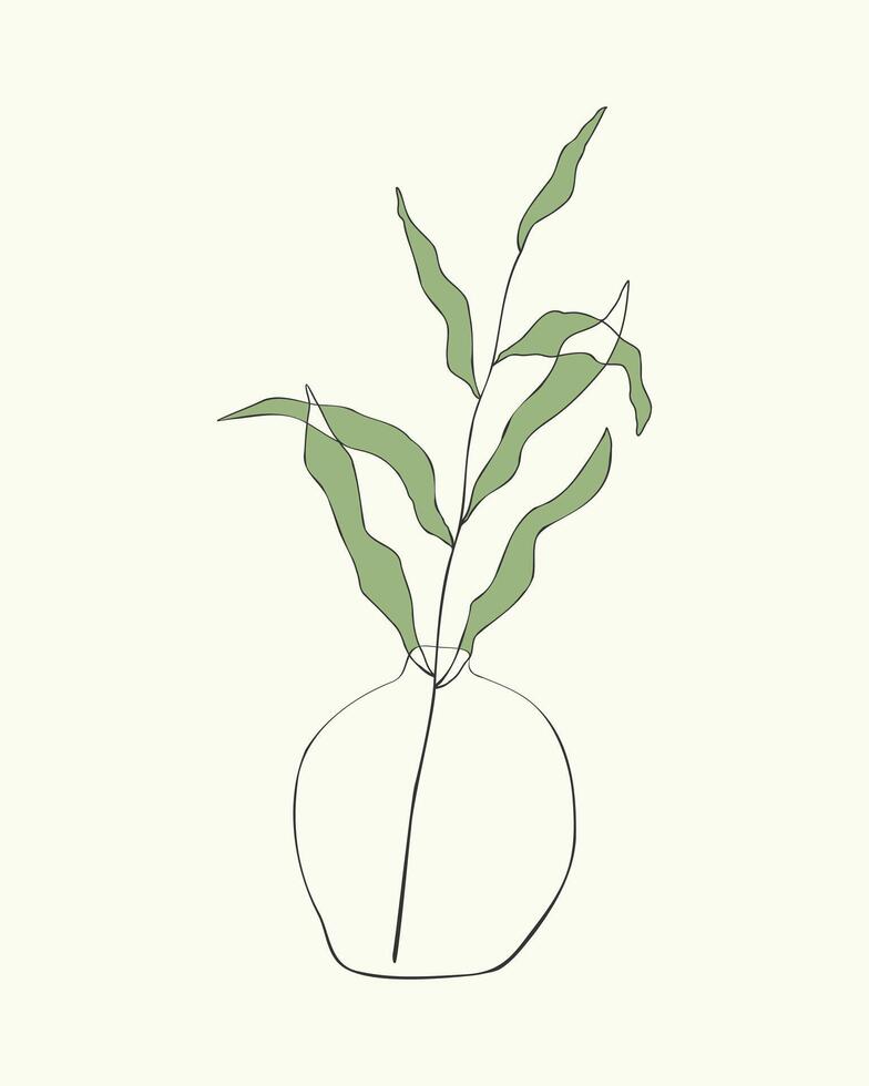 Branch with leaves in vase, hand drawn illustration. Boho decoration style. Line art. vector