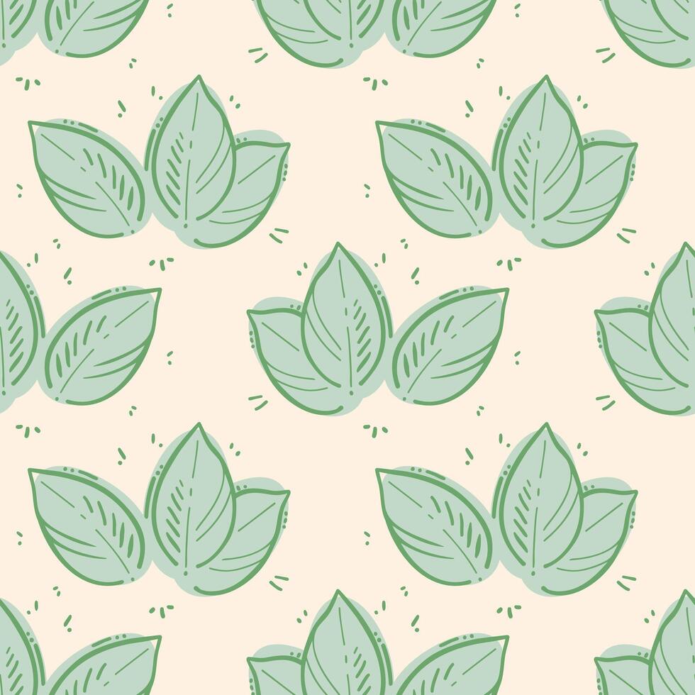 Pattern mint leaves doodle, contour drawing on background of mint green spots, on creme beige background. vector