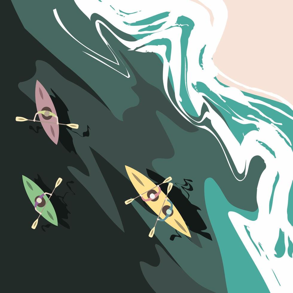 Abstract top view of the sea. Kayaks on ocean waves along the coastline. Travel concept. vector