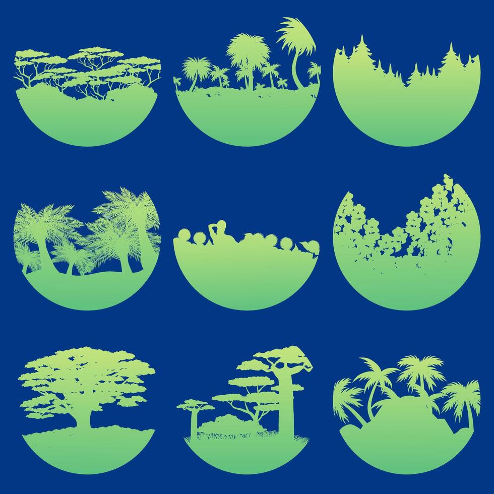 Set of minimalist landscapes. Set of minimalist silhouettes of pines, palms and other trees. vector