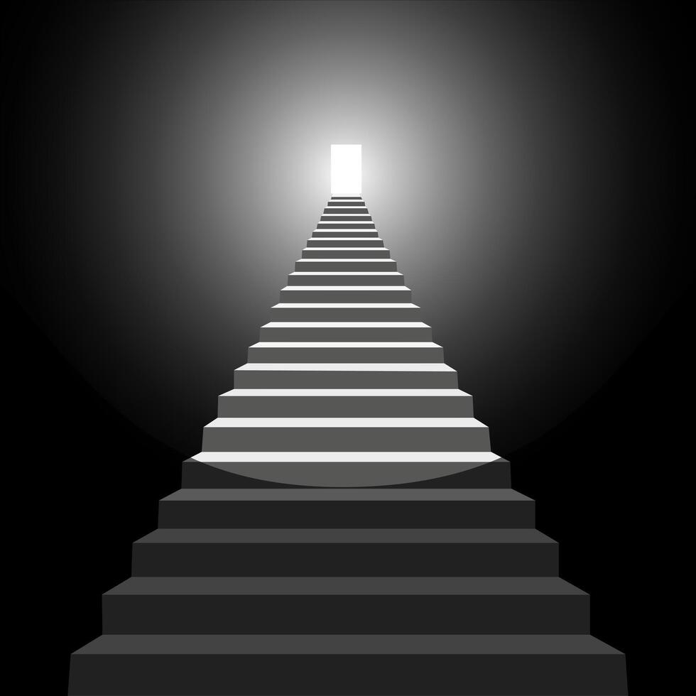 Steps leading to light in the dark. Walking towards the light. Light at the end of the tunnel. vector