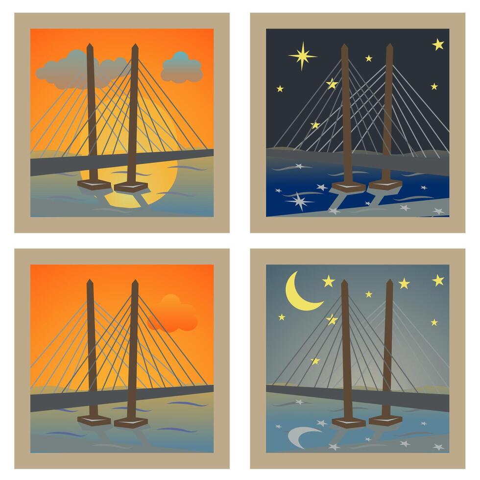 Cartoon illustration of a river. A view of a lake with a bridge on the horizon at different times of the day. vector